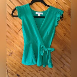 Monteau Los Angeles green faux wrap peplum top small